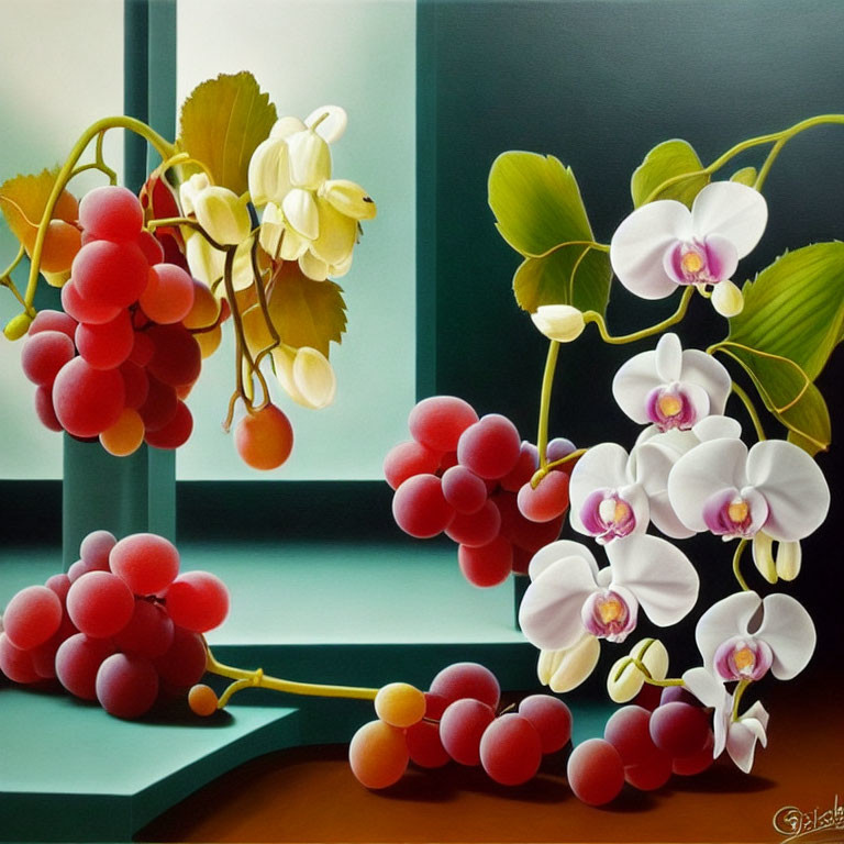 Colorful Still Life Painting of Red Grapes and White Orchids