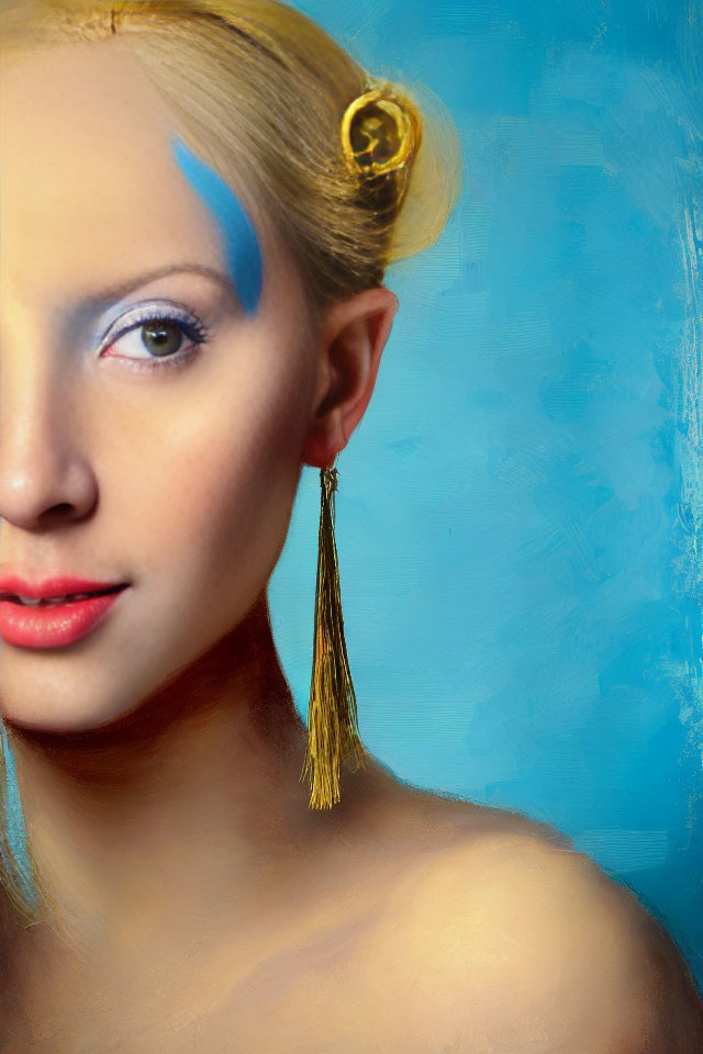 Portrait of a woman with blue eyeshadow, red lips, and gold tassel earring on