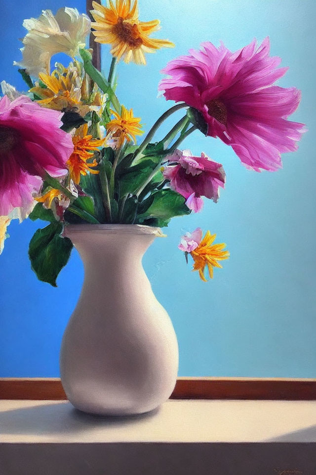 Colorful Flowers in White Vase Oil Painting on Blue Background