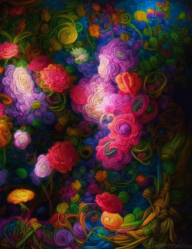 Colorful Stylized Flower Digital Painting on Dark Background