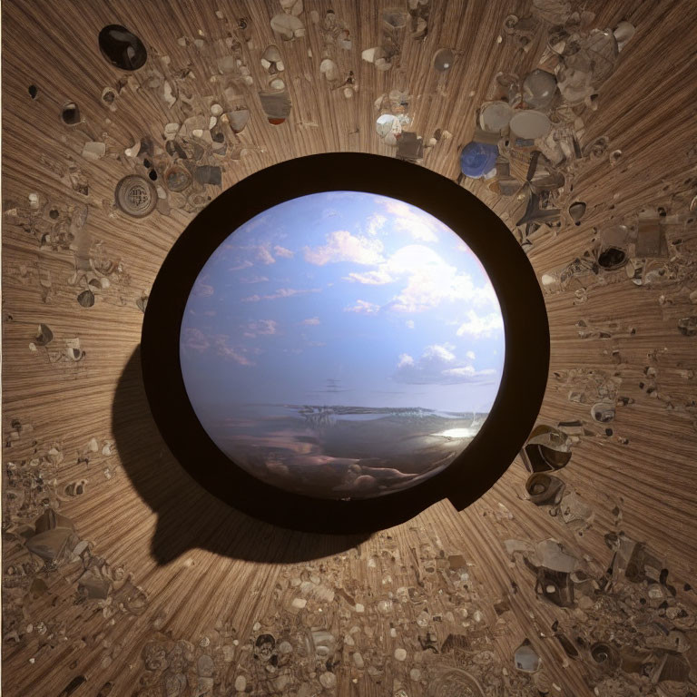 Circular Window Frames Serene Landscape in Dome Interior Texture Collage