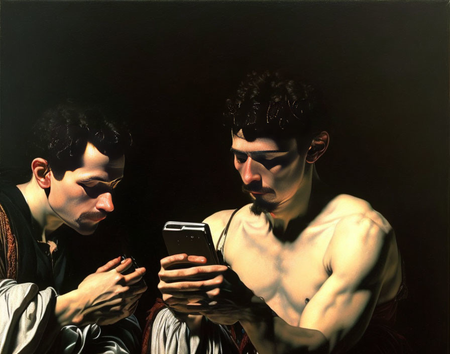 Classical attire meets modern smartphone in unique image