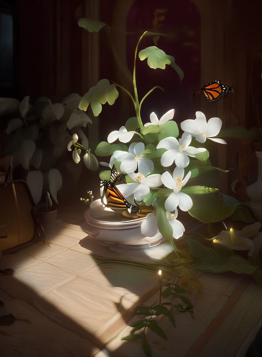 Sunlit White Flowers and Butterflies in Indoor Setting