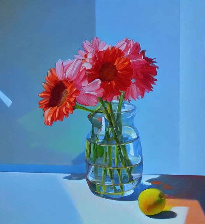 Bright Pink Gerbera Flowers and Apple Still-Life Painting in Soft Light