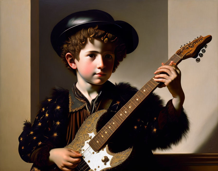 Historically dressed young individual with fur collar holding ornate stringed instrument