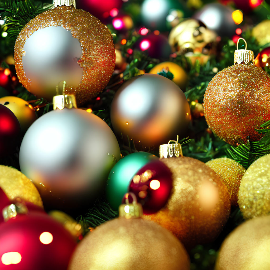 Colorful Christmas baubles on green fir branches