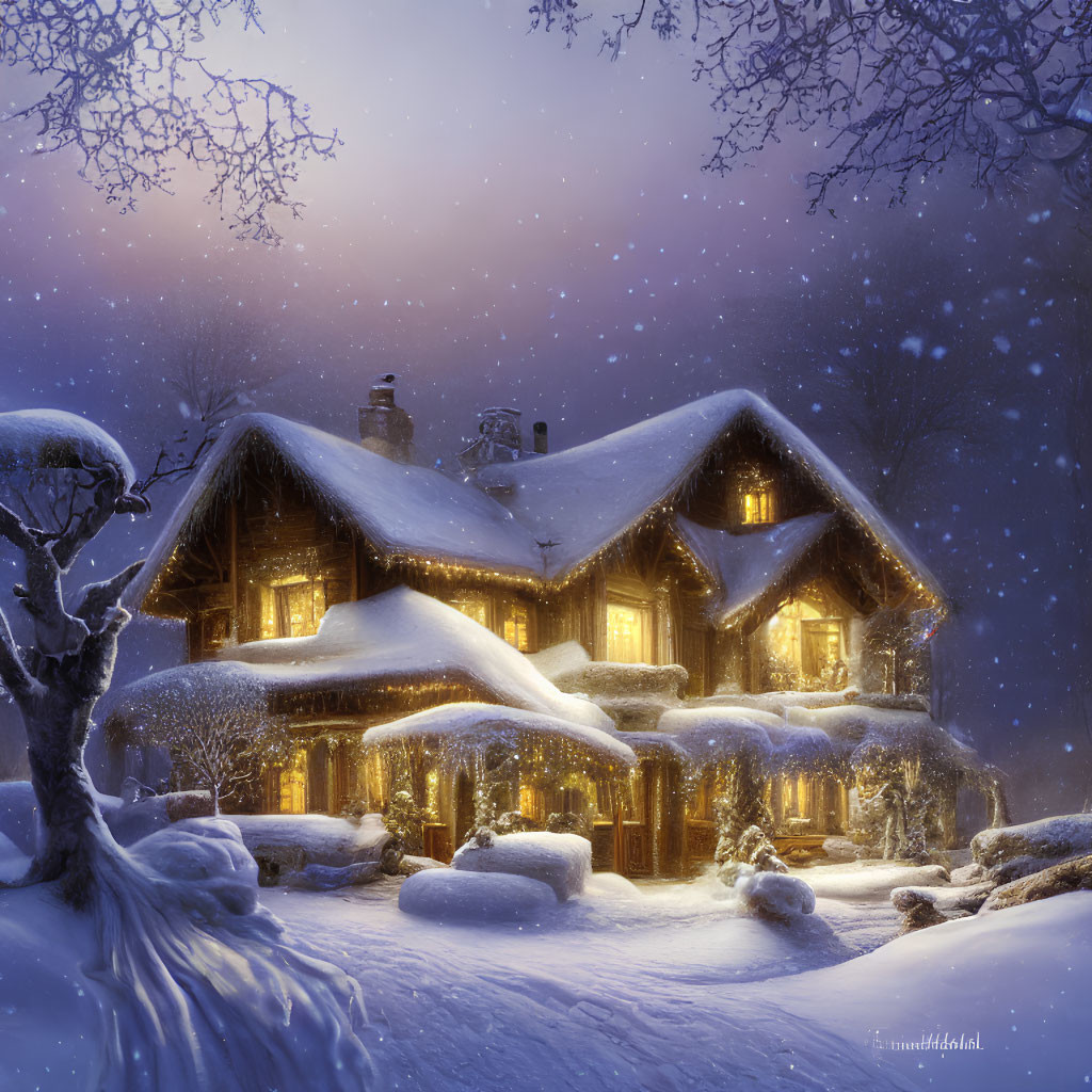 Snow-covered chalet in twilight with glowing windows, surrounded by snow-covered trees.