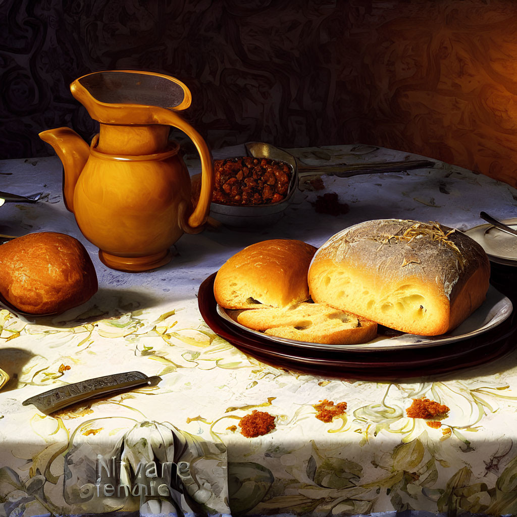 Still life with freshly baked bread, jug, nuts, and knife on table with floral cloth