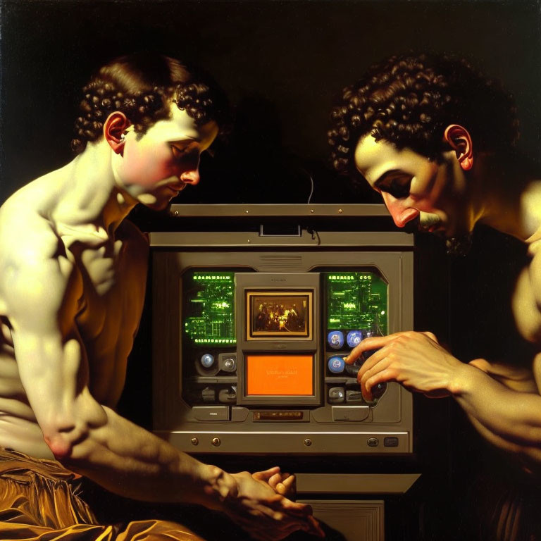 Classical statues with retro computer screen showing graphs and image