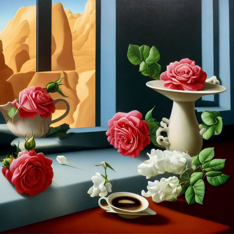 Vibrant red roses, white vase, coffee cup, desert backdrop in still life painting