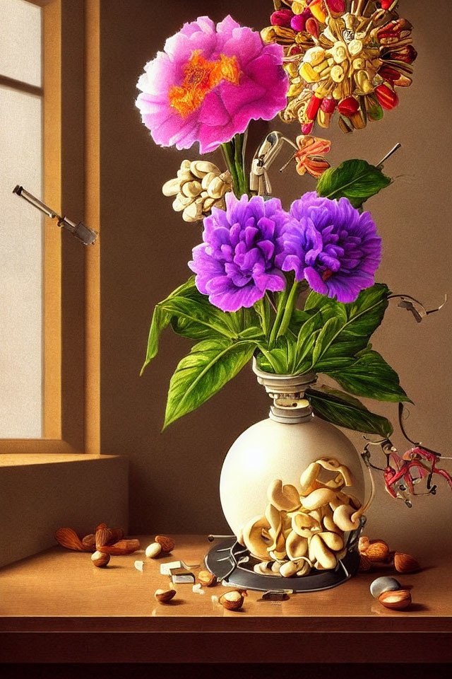 Colorful Flowers, Nuts, and Art Supplies on Wooden Surface