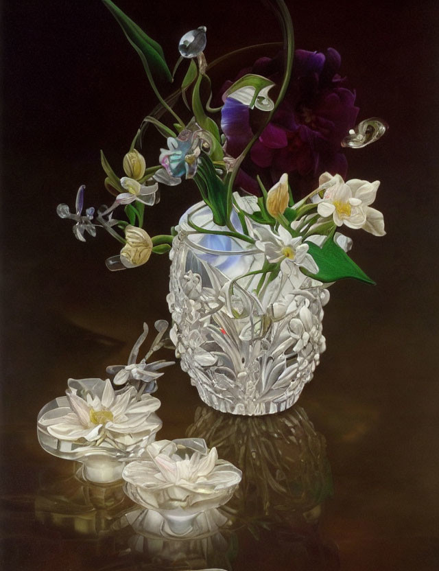 Crystal vase with purple and white flowers on reflective surface