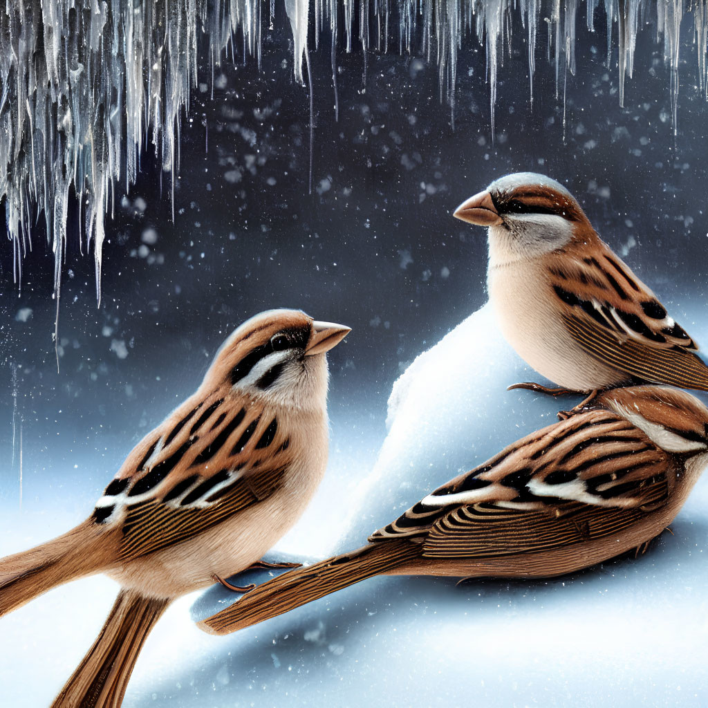 Sparrows perched on snowy branch with icicles and snowflakes