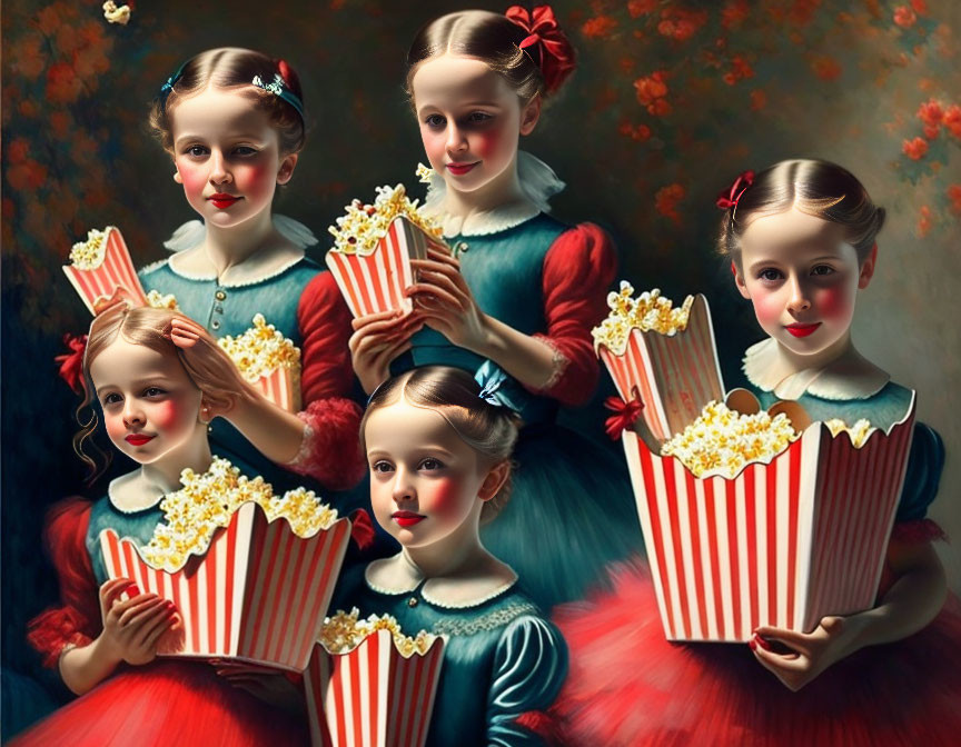 Five girls in vintage dresses with popcorn boxes in serene, surreal painted portrait.