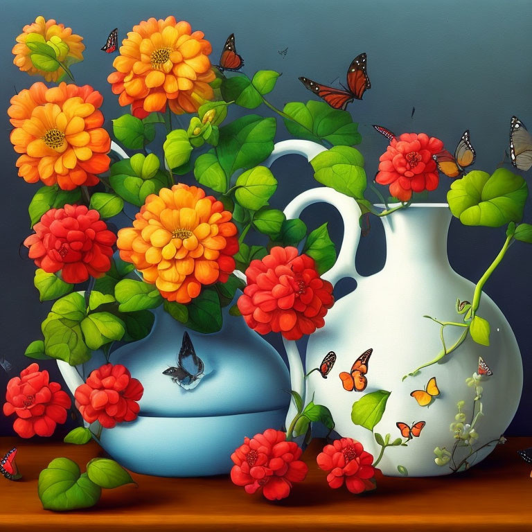 Colorful digital artwork featuring white vase, orange and red zinnia flowers, and fluttering butterflies