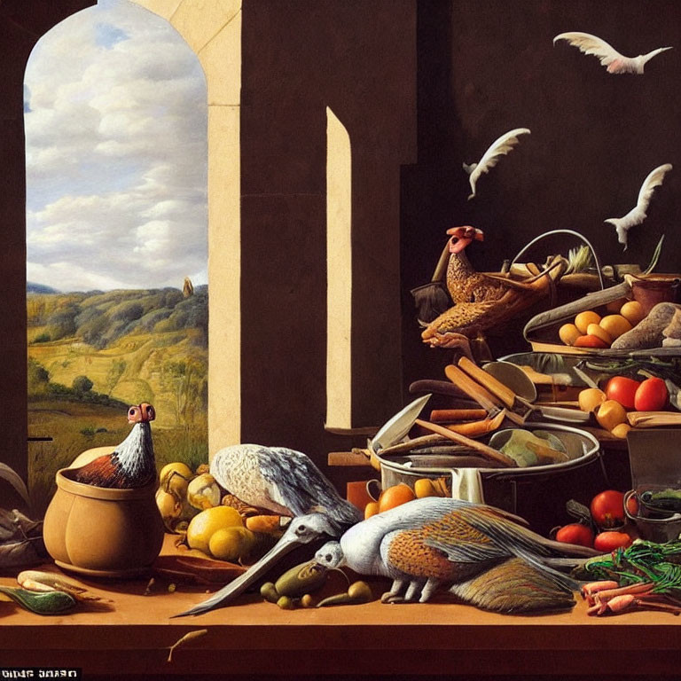 Classic Still Life Painting with Pheasants, Fruits, Vegetables, and Countryside View