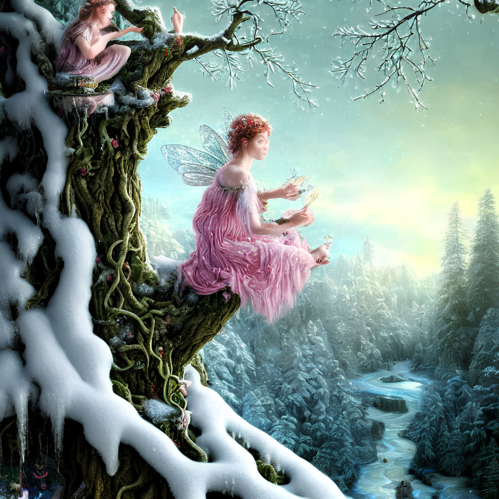 Translucent-winged fairies on snow-covered branches in magical winter forest