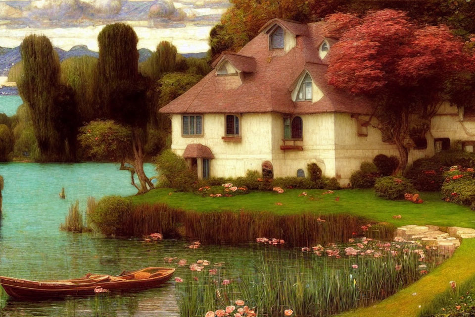 Tranquil lakeside landscape with charming house and blooming nature