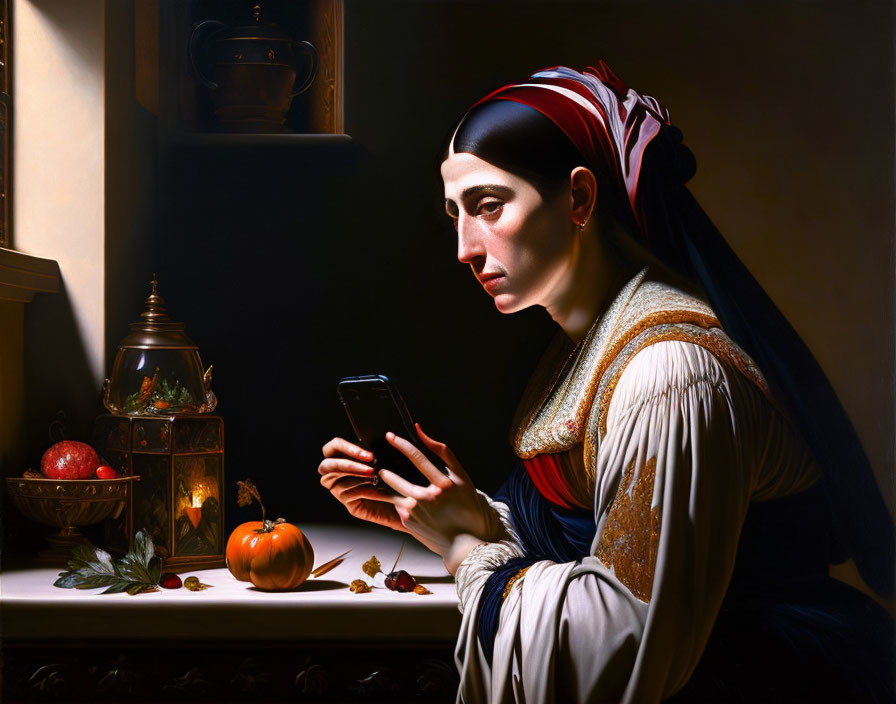 Woman in 17th-Century Attire with Smartphone and Traditional Decor