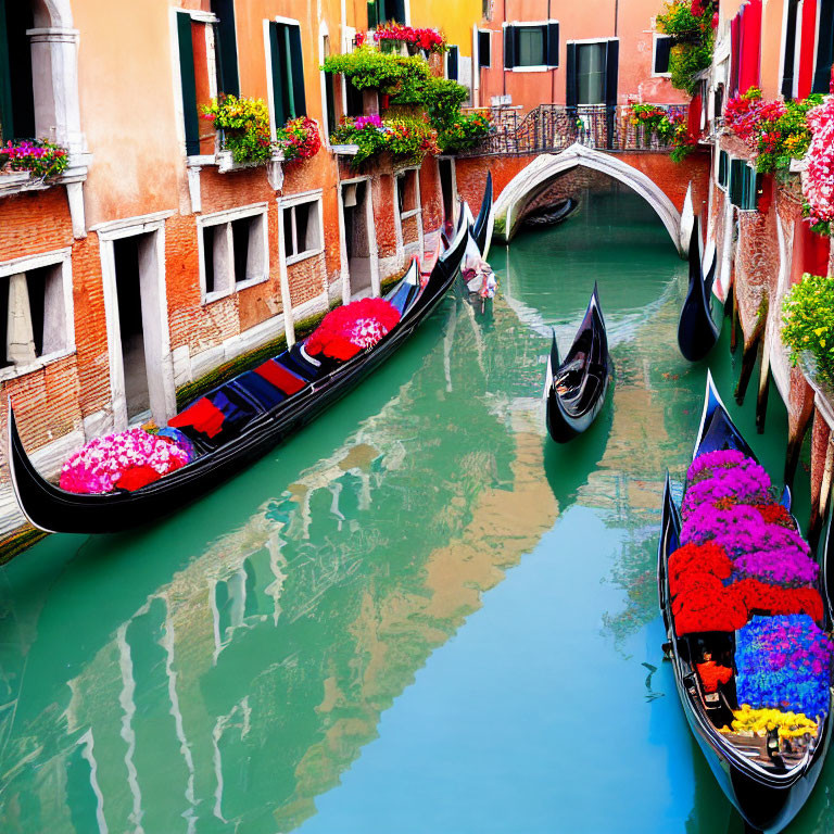 Venice Canal: Gondolas, Colorful Flowers, Vibrant Buildings