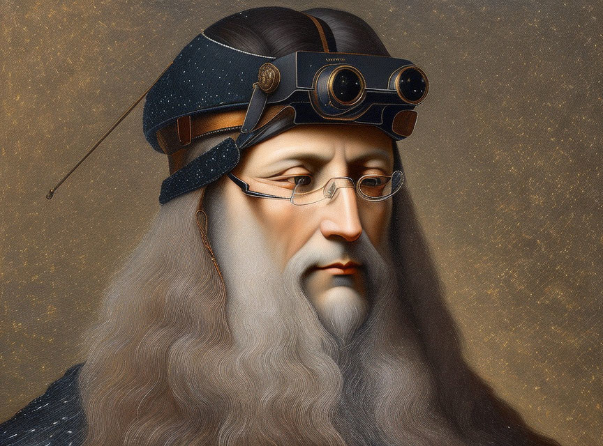 Surreal portrait with classical and futuristic blend, figure with long hair and beard wearing steampunk