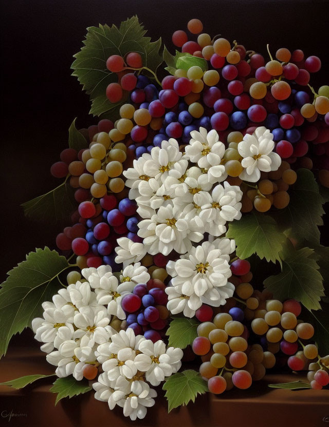 Multicolored grapes with leaves and flowers on dark background.