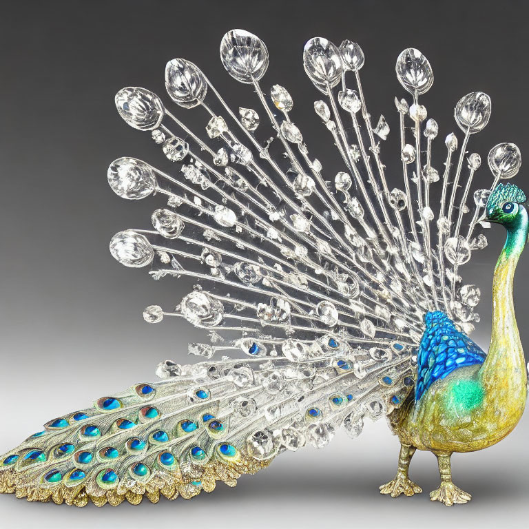 Crystal and Metal Peacock Sculpture with Elaborate Tail and Spherical Transparent Elements