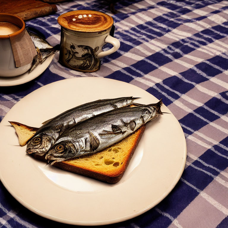 Three Fish on Bread with Latte Art and Fish Cup on Blue Tablecloth