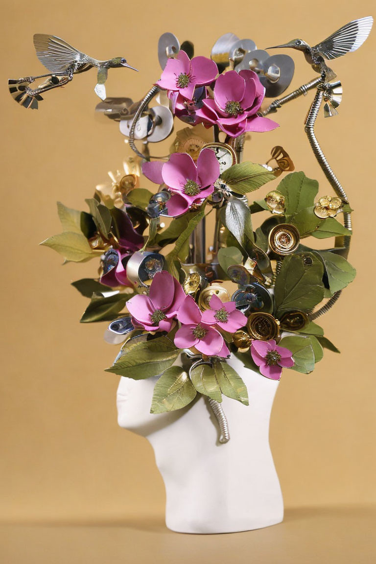 Metallic Flower Human Head Vase Sculpture with Clockwork and Birds