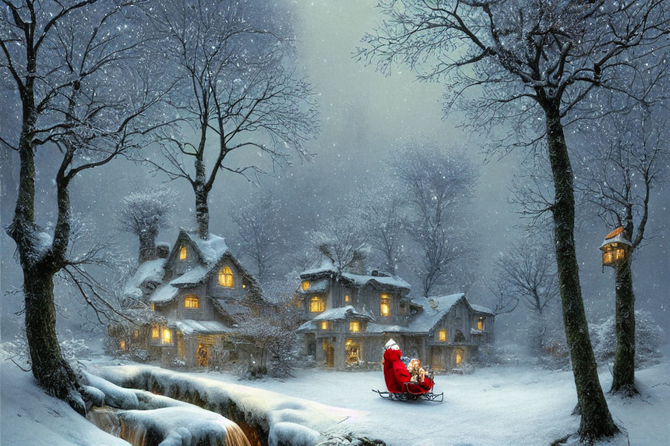 Santa Claus on Sleigh Amidst Snow-Covered Cottages