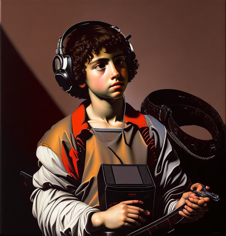 Contemporary twist on classic painting with headphones and game controller