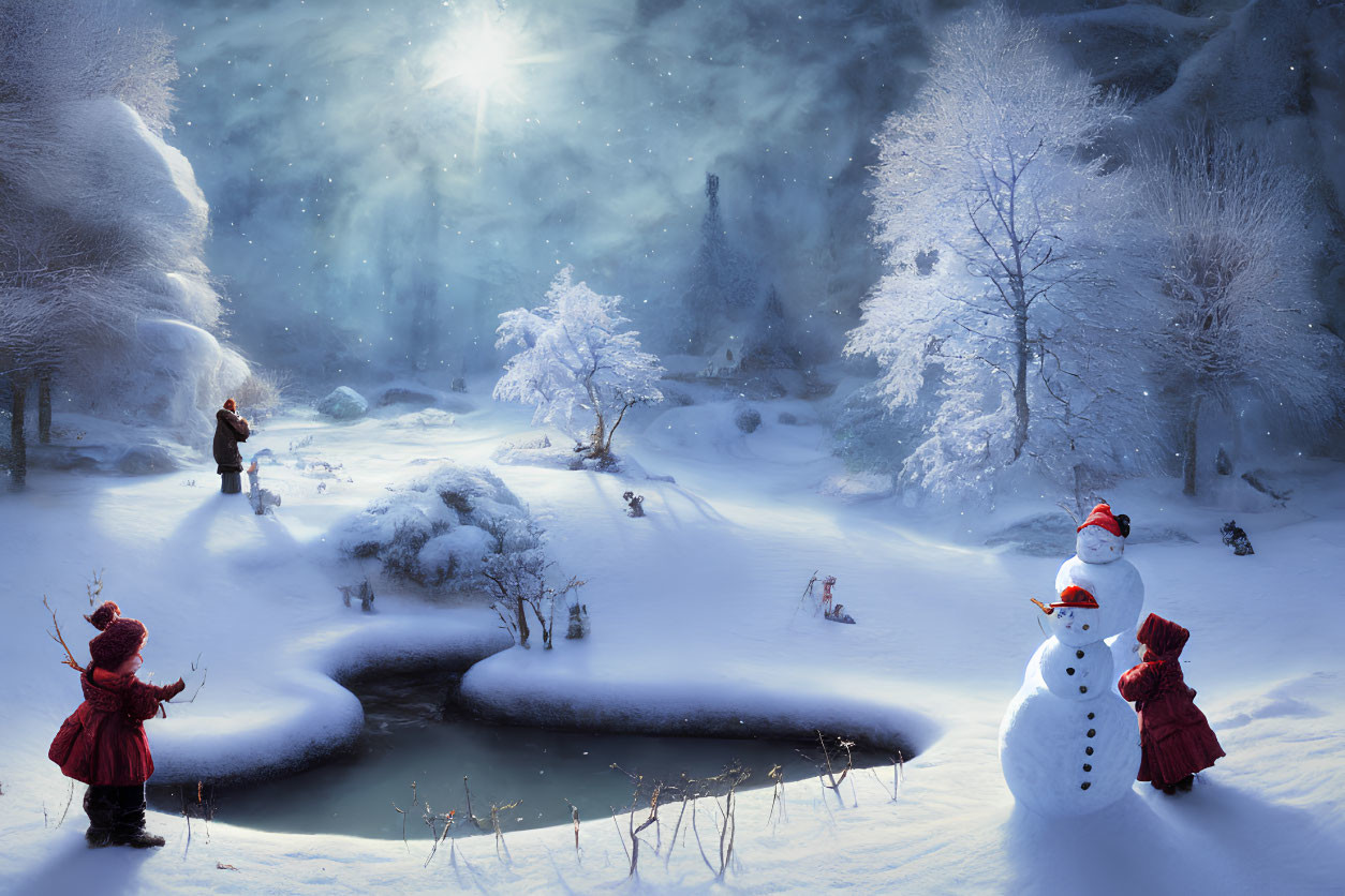 Winter Scene: Children, Snowman, Pond, Snowy Trees & Starry Sky