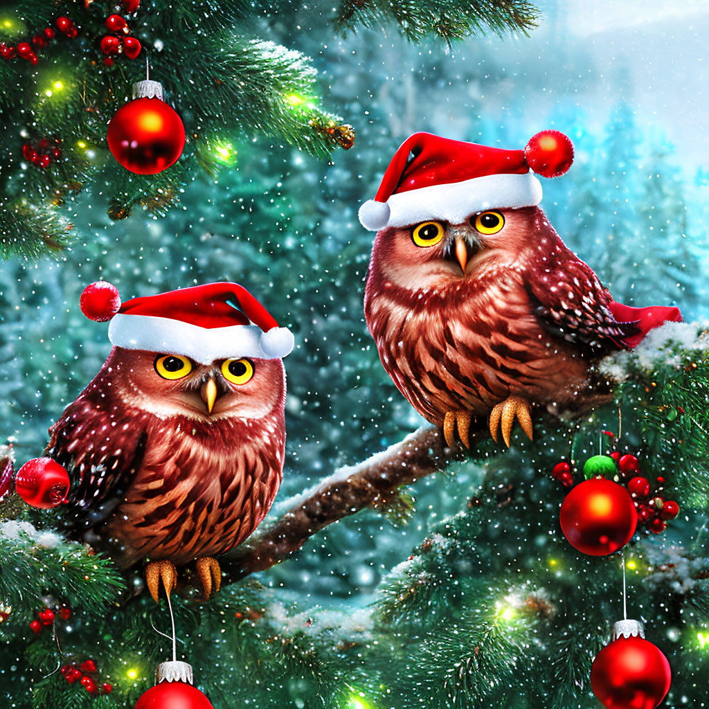 Illustrated Christmas Owls with Santa Hats on Festive Tree