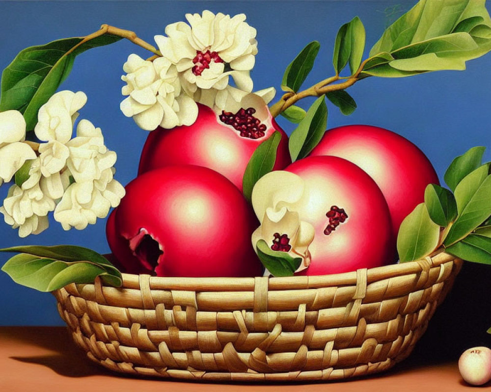 Classic still-life painting of red apples in a basket with flowers and leaves on blue.