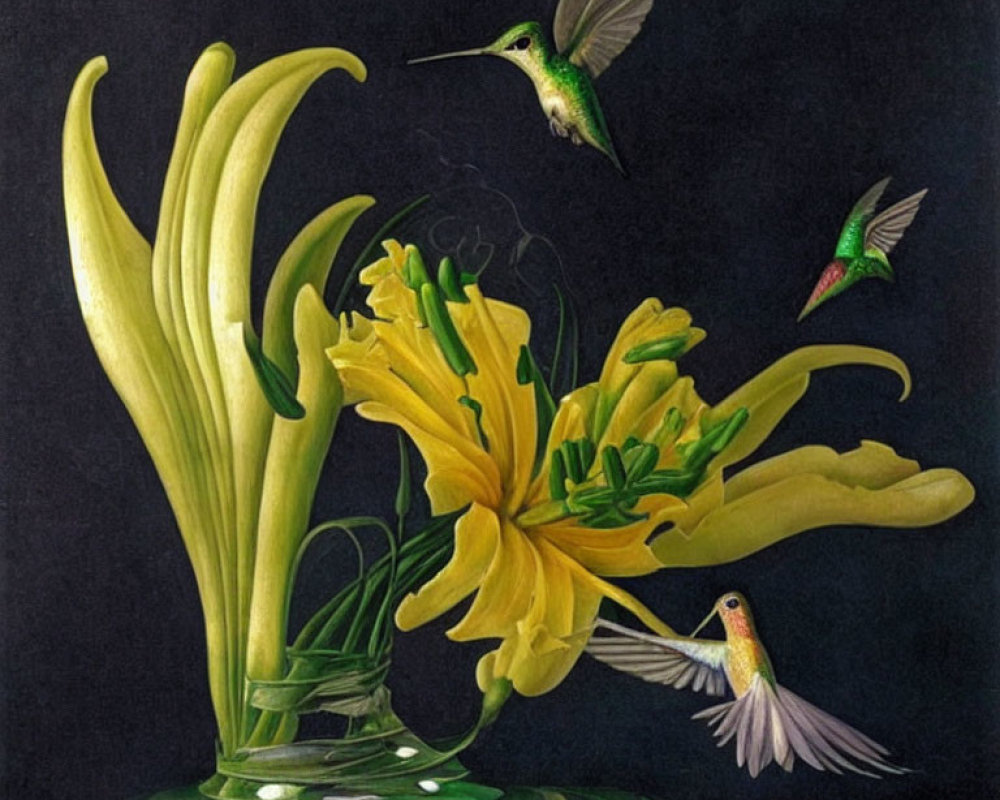 Realistic painting: Three hummingbirds with yellow lilies in vase