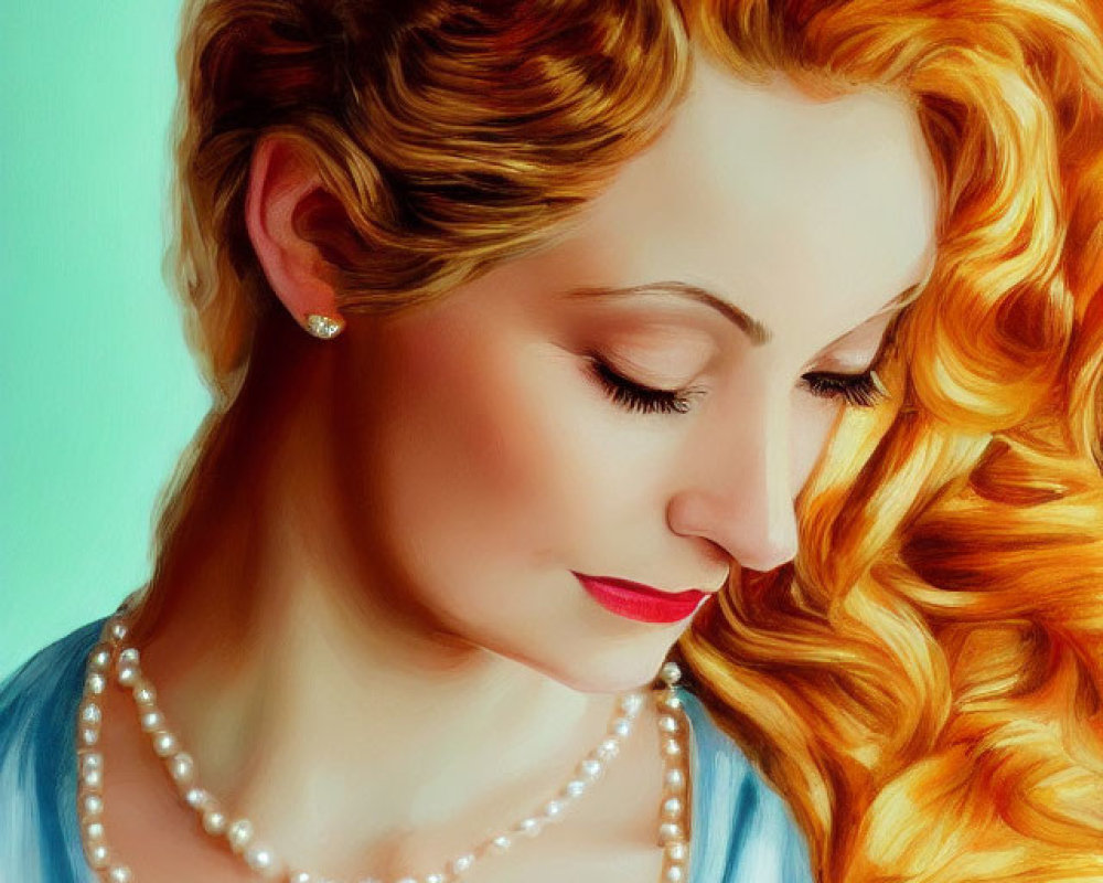 Portrait of Woman with Long Curly Red Hair and Pearl Necklace in Serene Contemplation