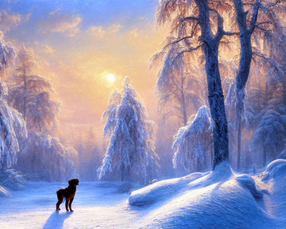 Dog in Snowy Forest at Sunrise or Sunset