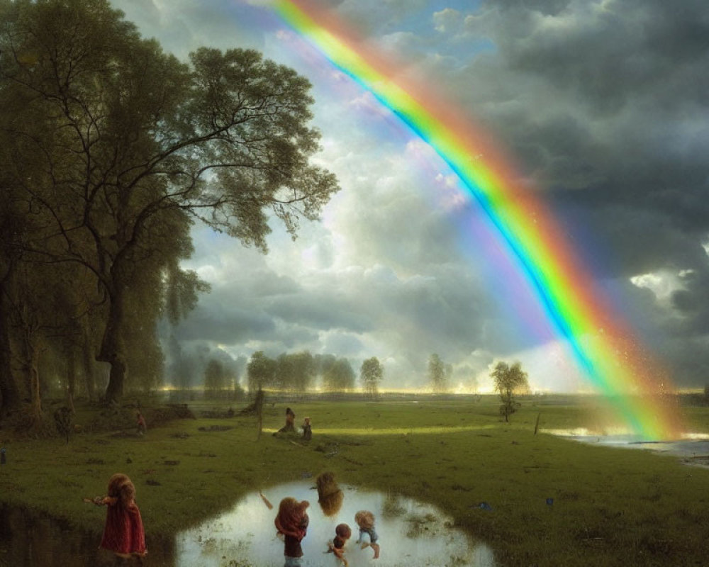 Vivid rainbow over tranquil landscape with children playing near puddles