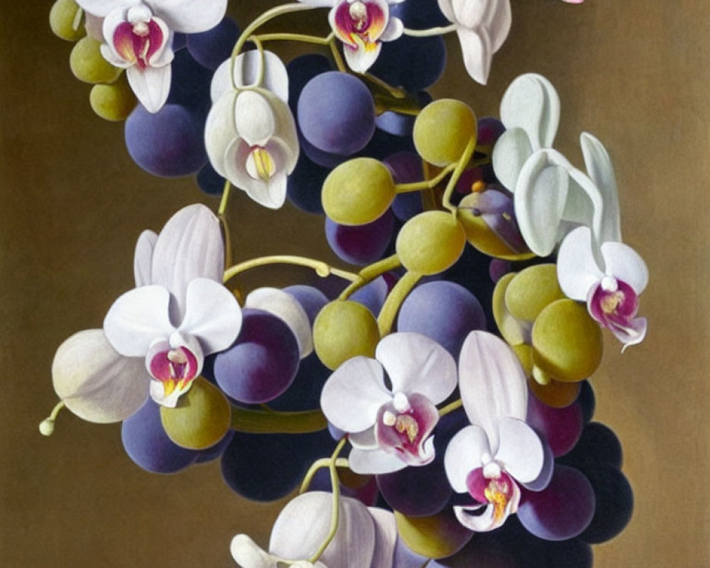 Detailed Painting of Purple & White Orchids with Green Grapes on Dark Background