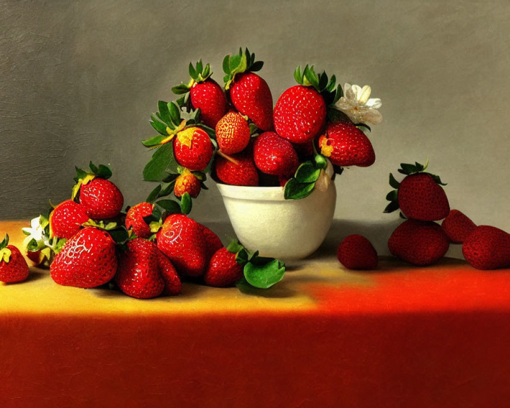 Ripe strawberries in a bowl on orange table against grey backdrop