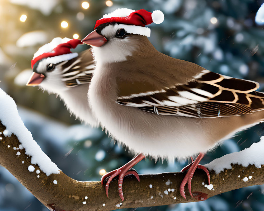 Two sparrows in red Santa hats on snowy branch in winter forest.