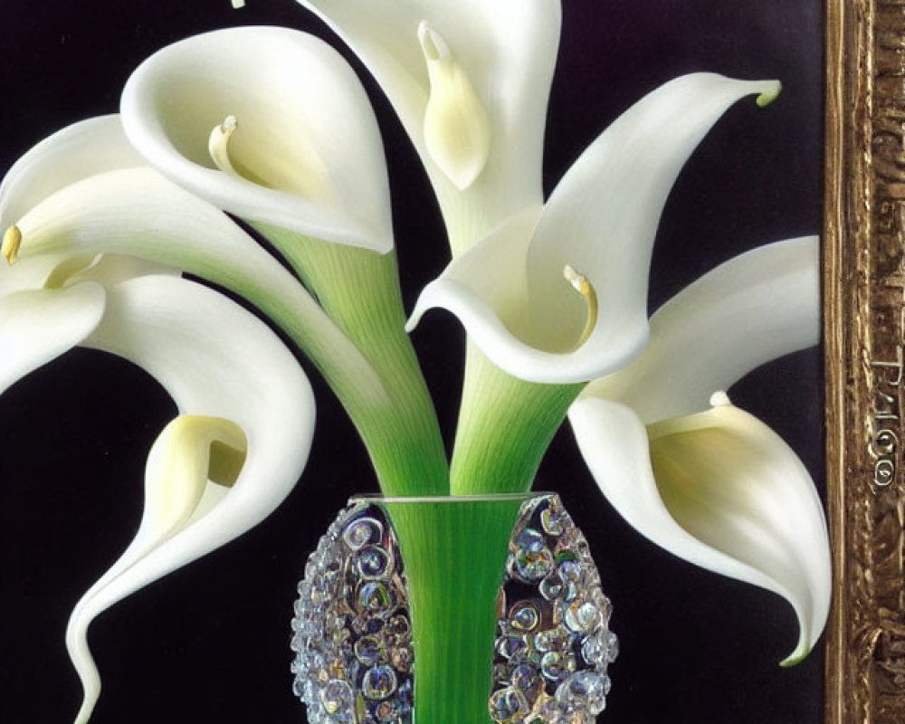 White Calla Lilies in Jeweled Vase with Dark Ornate Frame