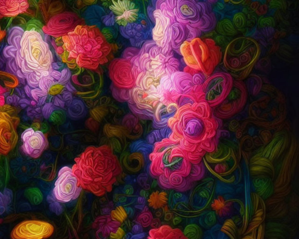 Colorful Stylized Flower Digital Painting on Dark Background