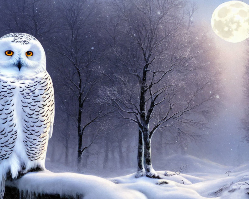 Snowy Owl on Snow-Covered Branch with Full Moon and Winter Forest