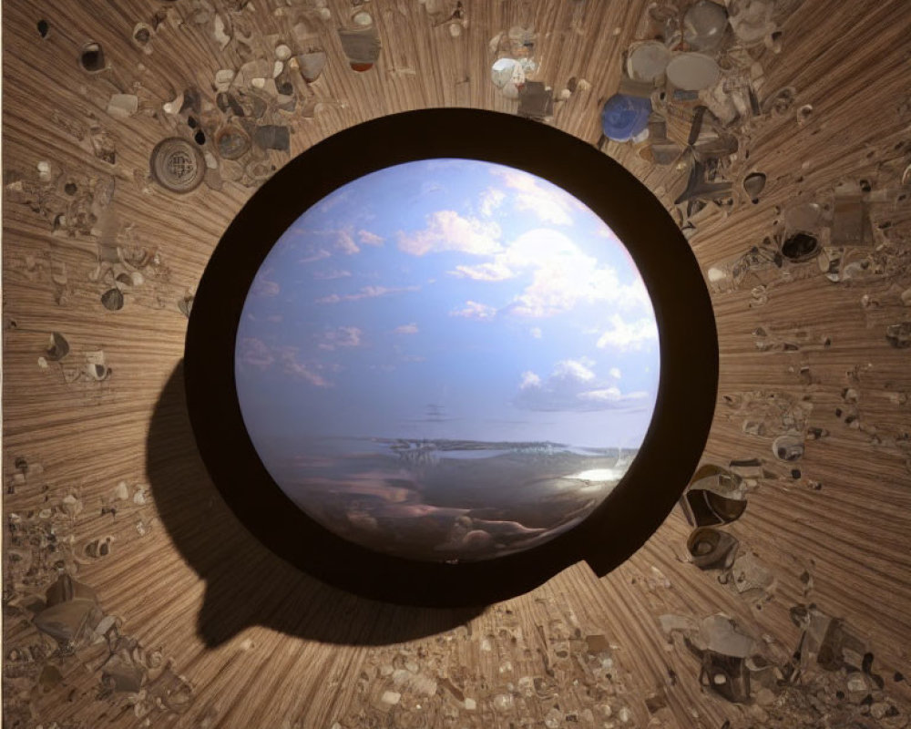 Circular Window Frames Serene Landscape in Dome Interior Texture Collage