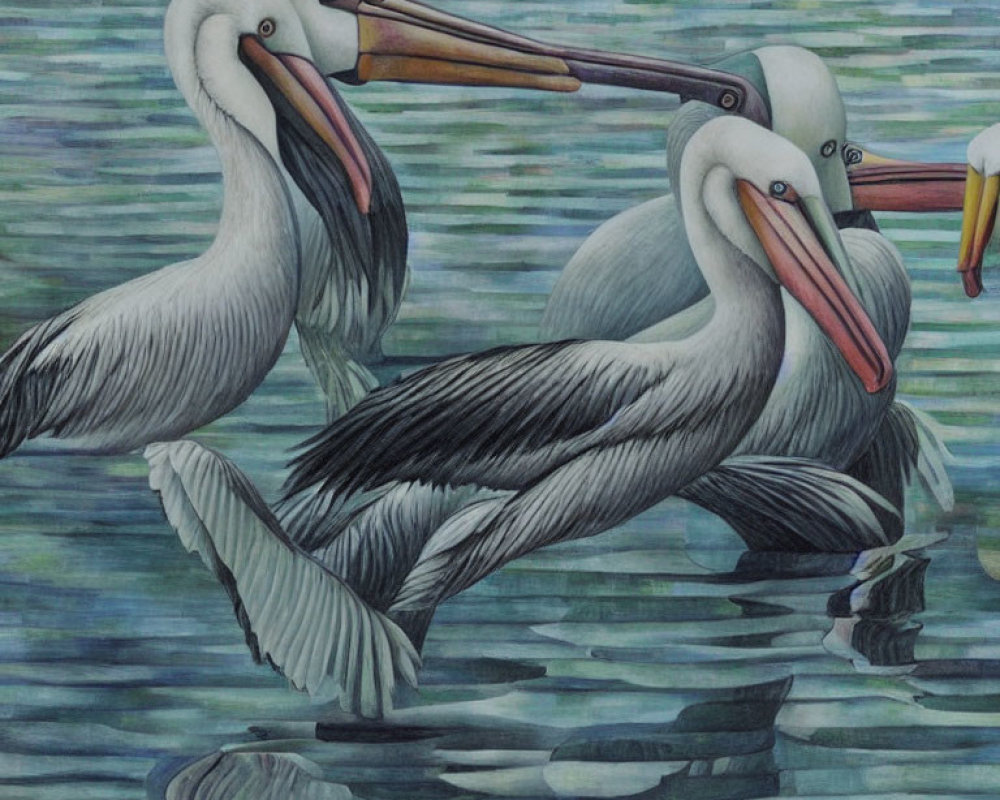 Three Pelicans Floating on Water with Ripples, Foreground Pelican Holding Fish