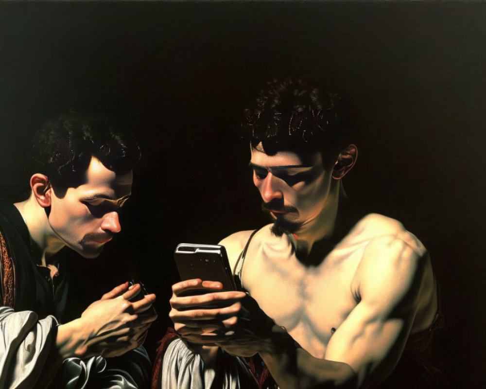 Classical attire meets modern smartphone in unique image