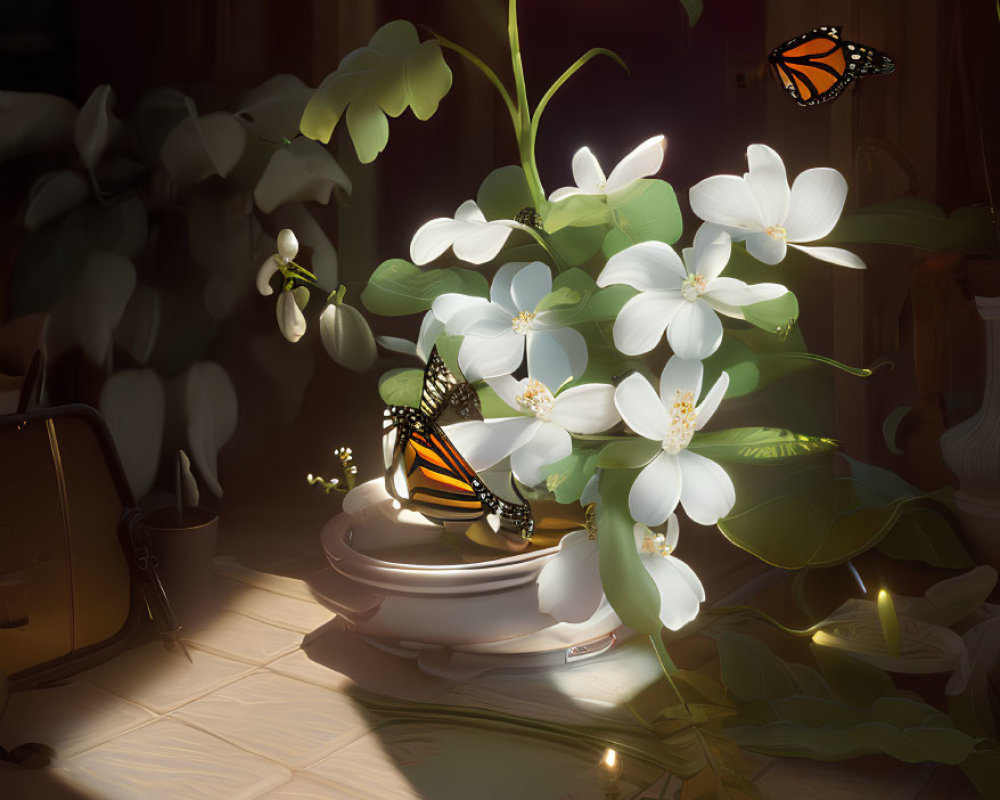 Sunlit White Flowers and Butterflies in Indoor Setting