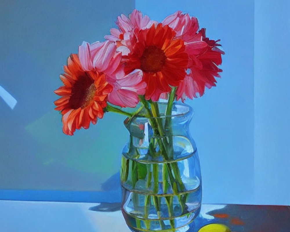 Bright Pink Gerbera Flowers and Apple Still-Life Painting in Soft Light