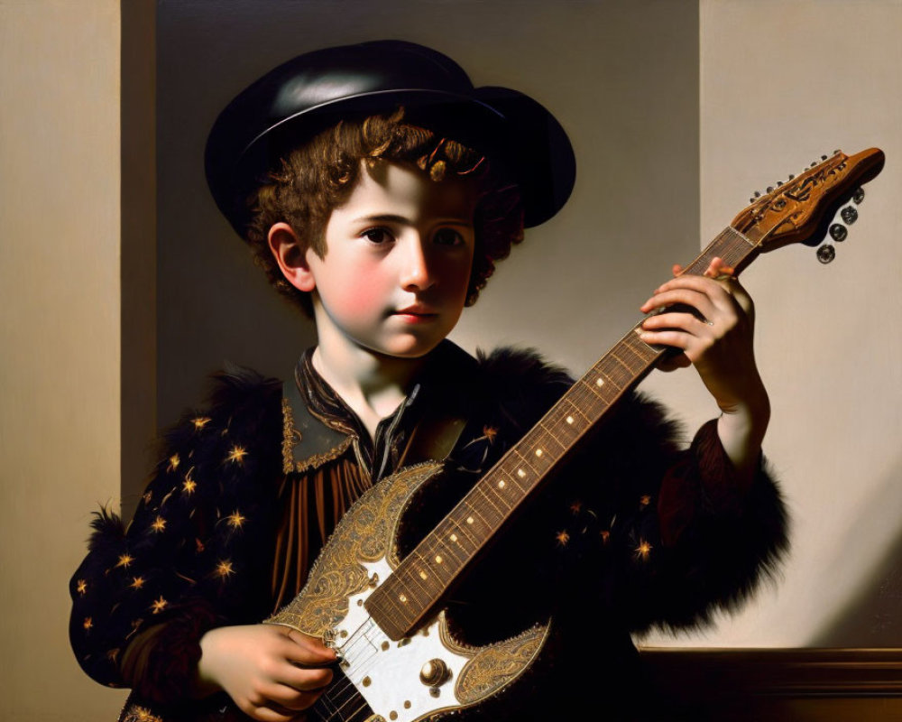 Historically dressed young individual with fur collar holding ornate stringed instrument